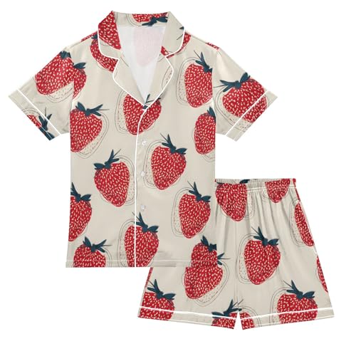 Red Strawberry Pattern Summer Satin Pajama Set, Cute Button-Down Sleepwear Pj Set for Sleep Wears