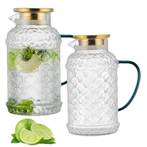 Buaic 2 PACK Glass Pitcher with Lid,68 oz/2 Liter Fish Scale Design Water Pitcher,Clear Borosilicate Glass Water Carafe for Cold Brew, Coffee, Lemonade, Iced Tea,Heat Resistant Water Glass Jug