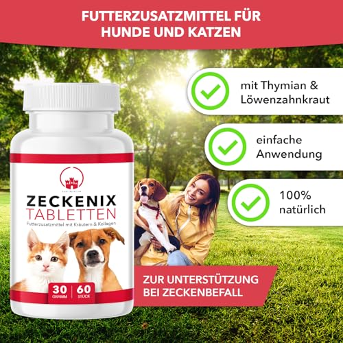 Saint Nutrition® Zeckenix – Zeckentabletten für Hunde – Zeckenschutz Hund - Futterergänzung mit natürlichen Inhaltsstoffen – Ohne künstliche Zusätze – 60 Tabletten für Katzen und Hunde
