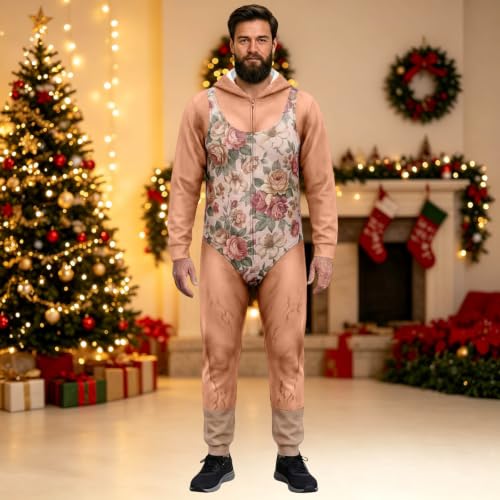 Men Christmas Onesie Funny 3D Realistic Fake Body Print Zip Up Jumpsuit - image 3