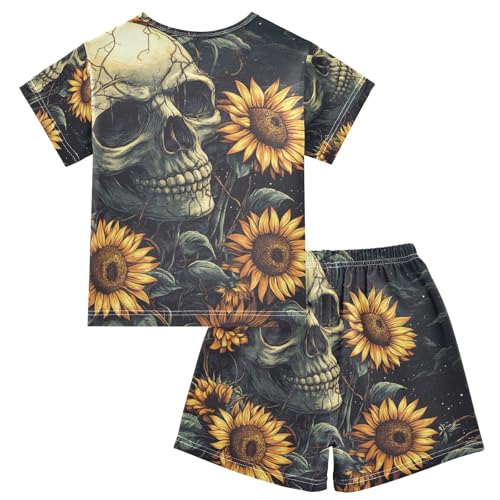ALAZA Skull and Flowers at Night Pajama Set Short Sleeve Sleepwear Soft Lounge Nightwear2