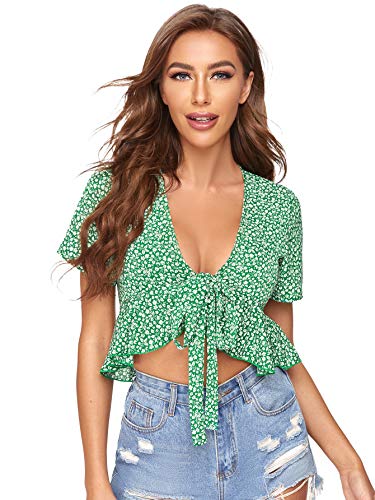 Short Puff Sleeve Deep V Neck Blouse Shirt