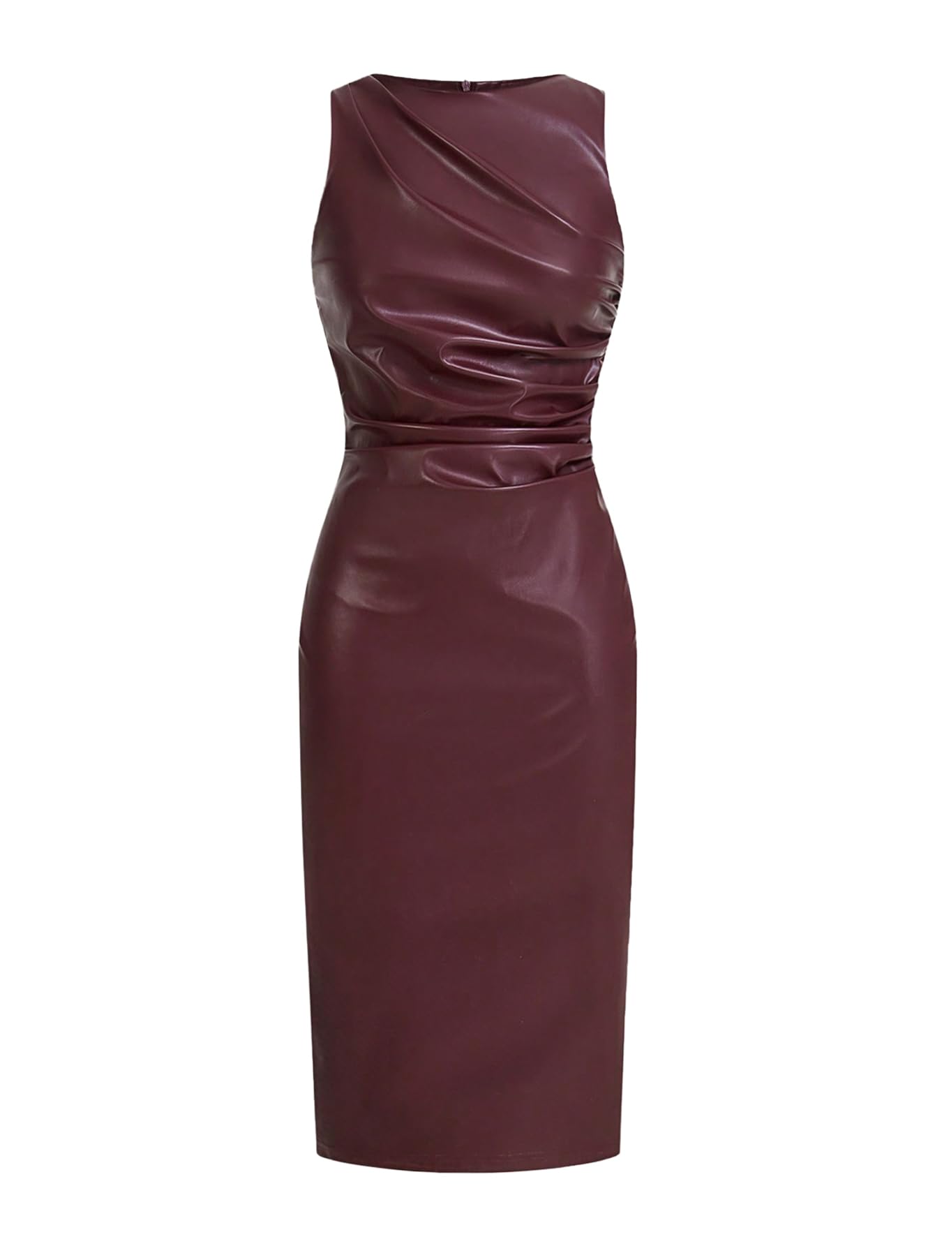 WDIRARA Womens PU Leather Ruched Sleeveless Slit Bodycon Midi Tank Dress