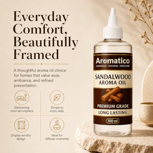 Image of AROMATICO Pure Sandalwood Aroma Diffuser Oil | Long-Lasting Fragrance Oil for Homes, Offices & Showrooms. Ideal Aromatherapy for Diffusers, Reed Diffusers, Air-Purifiers & Candles 100 ml