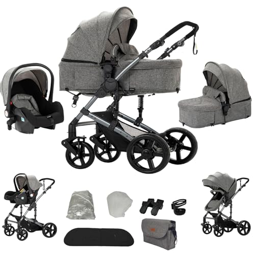 Veitoalioy Carrito Bebe 3 en 1, Portátil Cochecito Plegable, Carrito de Paisaje Alto Se puede empujar hacia adelante y hacia atrás, Cochecito de Bebé Conveniente y Multifuncional (588 Grey)