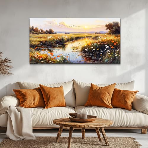 ZUITINGHUA Large Wall Decor For Living Room Canvas Wall Art For Office Modern Wall Decorations For Bedroom Rivers Landscape Painting Farmhouse Pictures Artwork Room Home Decor 24x48 In