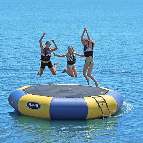 RAVE Sports Inflatable Bongo Water Bouncer, 10FT / 13FT / 15FT / 20FT, Recreational Trampoline with Sturdy Ladder, Heavy Duty Swimming Platform, Reinforced PVC Tube, Durable Nylon Jump Surface