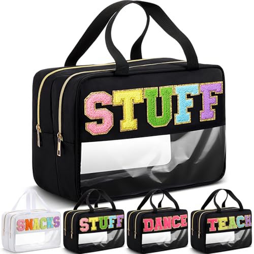 Pinkunn Large Stuff Bags with Handle Double Zippered Chenille Letter Stuff Bag Black Extra Large Clear Travel Pouch Waterproof Nylon Makeup Cosmetic Bag for Women Girls Travel Toiletry Supplies