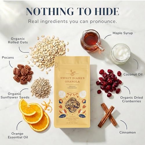 Image of Sweet Diane's Granola - Standard Size (12 oz): Organic, Low-Sugar, High-Fiber, Gluten-Free, Vegan, Delicious Breakfast and Snack Topper (Classic Size, Orange Cranberry)