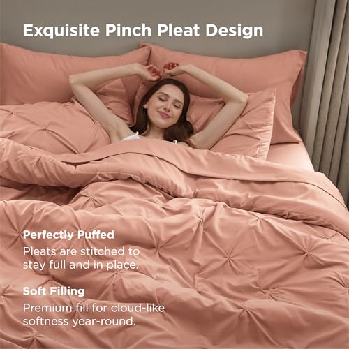 Image of Bedsure Queen Comforter Set Dusty Pink - Bed in a Bag Queen Size Bedding 7 Pieces, GentleSoft Pintuck Bed Set Gift for Family, All Season Down Alternative Comforter with Sheets, Pillowcases & Shams