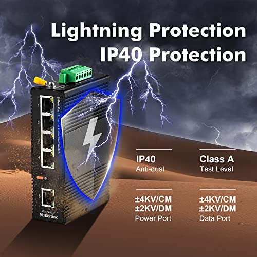 Image of MokerLink 5 Port Industrial DIN-Rail Network Switch, 10 /100Mbps Fast Ethernet, IP40 Rated Network Switch (-40 to 185F), with UL Power Supply