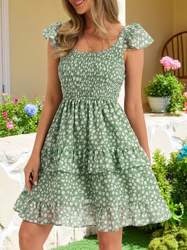 Image of Women Summer Dresses Casual Boho Smocked Ruffle Sun Beach Babydoll Mini Dress Layered Flowy Swing Dress