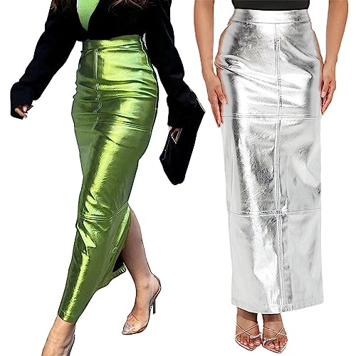 Womens PU Leathers Skirt, Bodycon High Waist Casual Split PU Pencil Skirt Office Lady Work Skirt Silver2