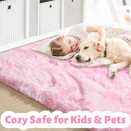 Amdrebio Tie-Dyed Pink and White Rug 5x8 for Girls Bedroom, Soft Area Rugs for Kids Room, Cute Fluffy Fuzzy Princess Rugs for Playroom Dorm, Furry Shaggy Carpet for Baby Nursery, Preppy Room Decor