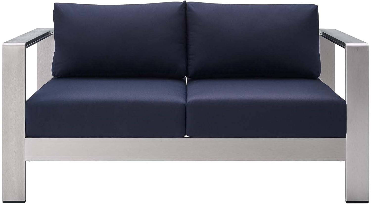 Lounge Loveseat Sofa, Fabric, Aluminum, Silver Blue Navy, Modern, Outdoor Patio Cafe
