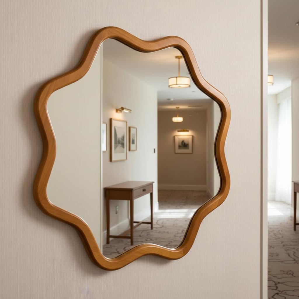 ZIYOO Scalloped Circle Wall Mirror 28", Wavy Edge Wooden Frame, Round Wall Mirror for Bedroom Living Room Bathroom Entryway (Wood,28")
