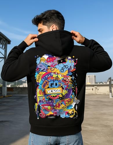 Image of Veirdo Cotton Fleece Regular Fit Full Sleeve Hooded Sweatshirt Front and Back Graphic Printed Jumper Hoodie for Men