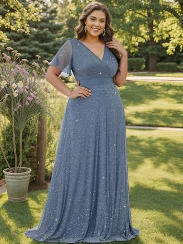 Image of Ever-Pretty Plus Women's Glitter Formal Dress Evening Gown for Gala V-Neck Short Sleeve Floor Length Plus Size Prom Dresses