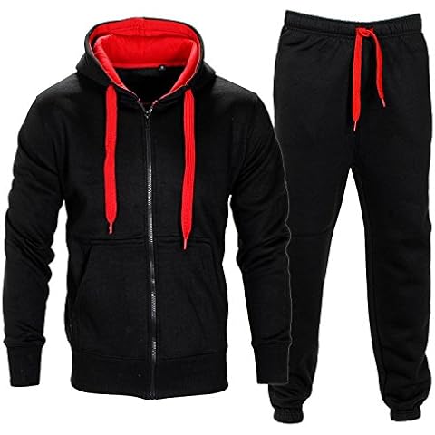 Parsa Fashions ® Mens Tracksuit Set Full Sleeve Fleece Zipper Hoodie Top Bottoms Jogging Joggers Gym CONTRAST And PLAIN Small to XX-Large (Medium, Black - Red) Cover