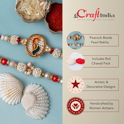 Image of eCraftIndia Set of 2 Yellow, White & Maroon Designer Diamond Rakhis with Roli Chawal Pack