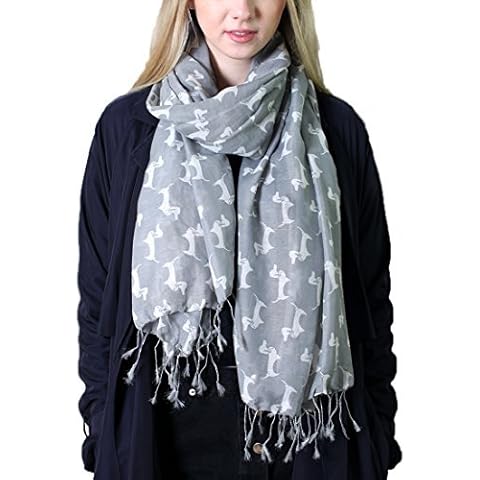 Anika Dali Bella Doxie Dachshund Dog Scarf with Tassels, Animal Lover Shawl (Grey Base, White Dog) Cover