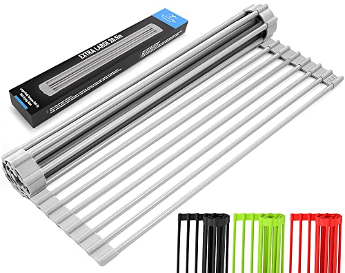 Zulay Kitchen Extra Large Roll Up Dish Drying Rack- Heavy Duty Silicone Wrapped Steel Rods Over Sink Dish Drying Rack - Versatile Roll Up Sink Drying Rack & Trivet (Gray),20.5 Inches X 13 Inches #TOP30