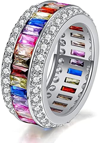 Hermos Mothers Day Gifts for Women Rainbow Multi Color Ring Emerald-Cut Cubic Zirconia Multi Color Ring Band Birthday Gift with Jewelry Box Comfort Fit Size 6 to 12 (6)