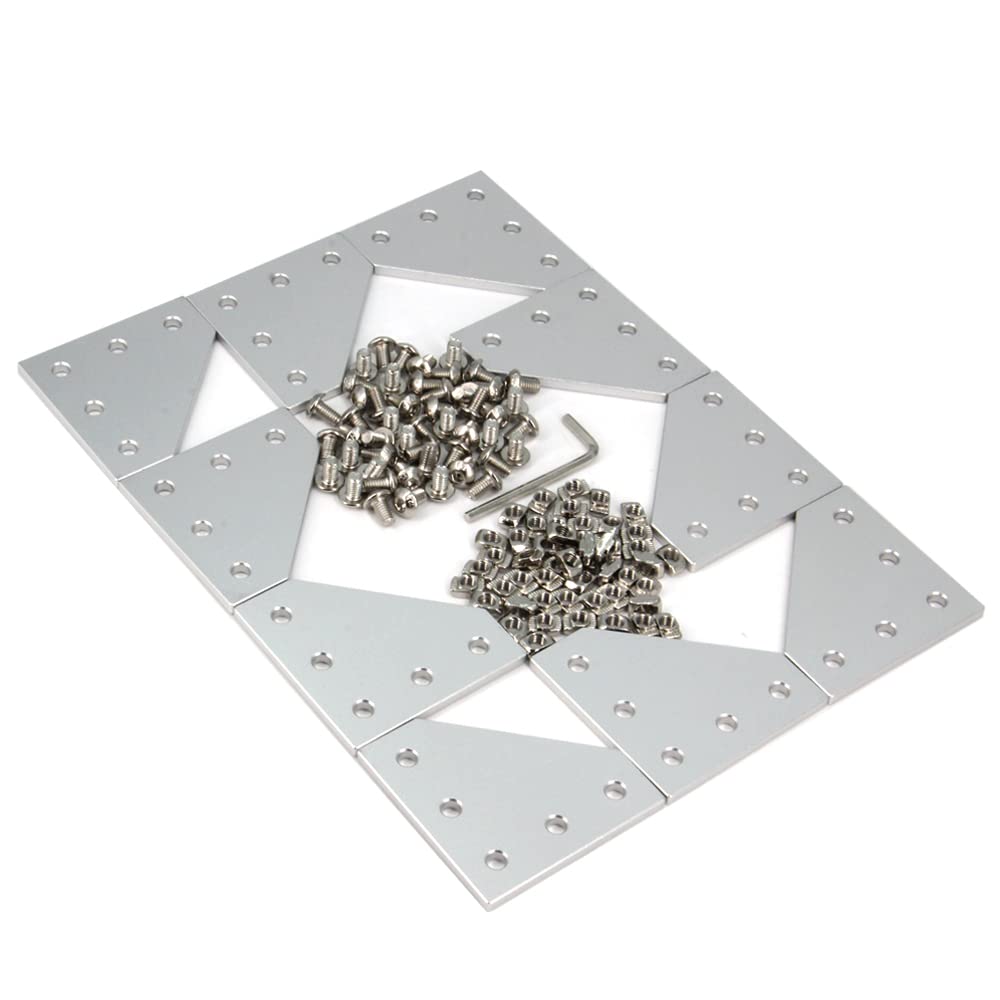 Lot de 10plaques d'angle argentées en forme de L avec 50vis+50écrous en T, plaque de joint à 90 degrés pour profilé en aluminium 2020(10pièces argentées, L avec écrou)