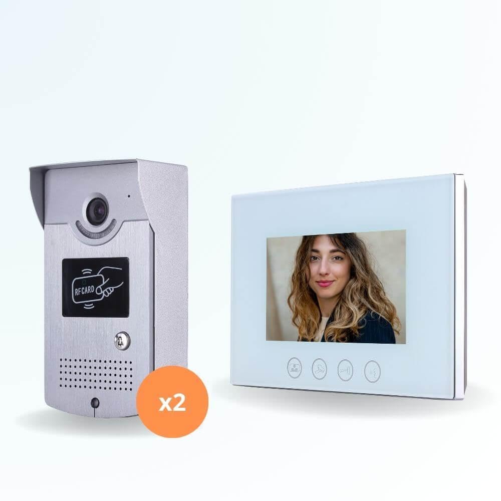 Portier interphone vidéo Cards 4 Fils pour 2 entrées - 1 Appartement - 2 platines - 1 écran Blanc 7" - avec mémoire Photos - avec Lecteur de Badge