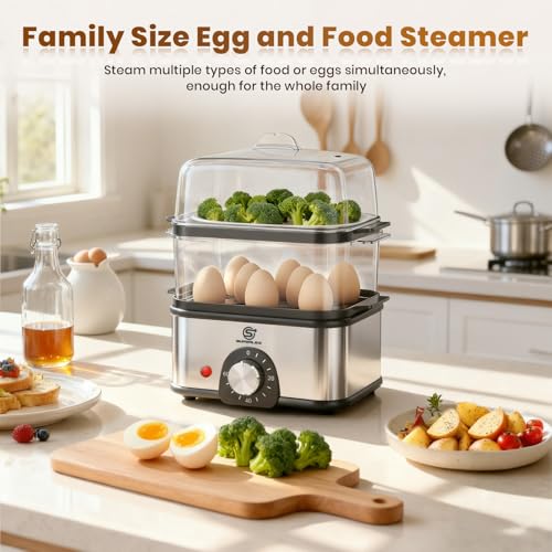 Egg Boiler Stainless Steel, Electric Egg Steamer Egg Cooker, Timer Setting for Hardness Adjustment, 60-Min Timer, Automatic Shut-Off Overheating (2-Tier Egg Boiler) - Image 7