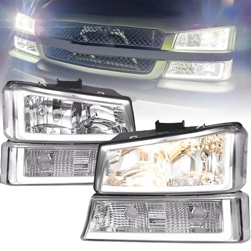 JSBOYAT Fit for 2003-2006 Chevy Silverado Headlight Assembly 4pcs w/LED DRL 03-06 Avalanche w/Bumper Lights OE Style Replacement Chrome Housing with Clear Reflector