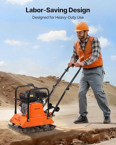 Image of VEVOR Plate Compactor, 6.5 HP 196CC Gas Engine, 5700 VPM Vibrating Ground Rammer, 4047 lbs Compaction Force, 21 x 16 in Plate, Walk Behind Compactor for Paver Landscaping, Asphalt, Foundation, Soil
