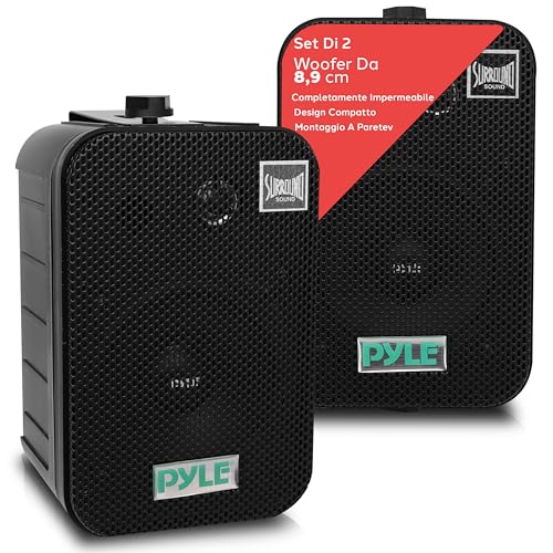 Pyle Sistema Altoparlanti Esterni con Cassa Audio Cablata, Coppia, Speaker Grado Marino 2 Vie 300 Watt Max, Woofer 8.9 Centimetri e Tweeter 2.5 Centimetri, Montaggio Universale per Parete o Soffitto