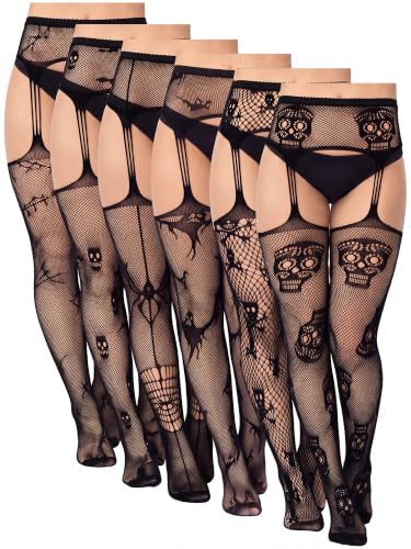 Image of Jadive 6 Pairs Women Plus Size Suspender Tights Fishnet Thigh High Stockings Garter Belt Lingerie Pantyhose