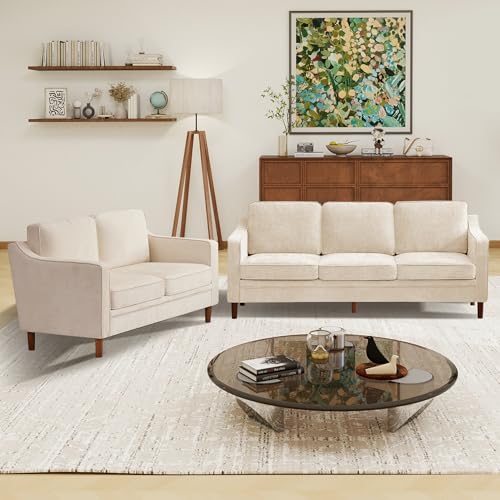 Image of Kingfun Living Room Furniture Sets, 3 Seater Couch and Loveseat, Mid Century Modern Sofa Set, Chenille Couch with Solid Wood Frame for Living Room & Bedroom, Beige
