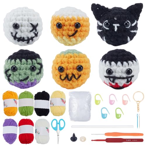 ACRNIGHEET 6PCS Halloween Crochet Kit for Beginners Cute Halloween Keychain Making Kit Learn Easy Knitting Project for Beginners Adult with Step-by-Step Instruction and Video Guidance