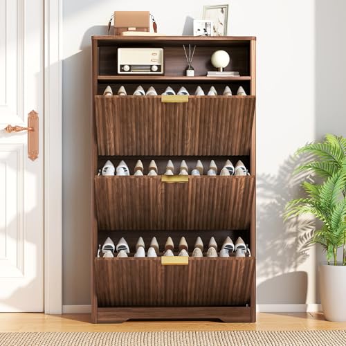 Image of Rovibek Shoe Cabinet Storage for Entryway, Narrow Shoe Rack with 3 Flip Drawers, Wood Fluted Shoe Cabinet Mid-Century & Rounded Corner Design, Hidden Shoe Storage for Entryway, Walnut