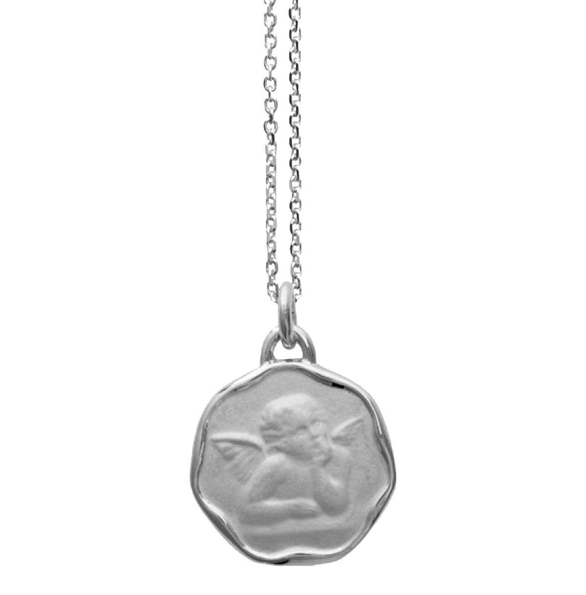 Médaille ronde ange et chaine 45cm | pendentif Personnalisable | argent massif 925 | collier baptême ou naissance avec gravure prénom enfant et date
