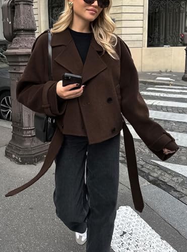 CHARTOU Women Crop Wool Pea Coat Lapel Collar Office Work Short Winter Jacket Trench Coat3