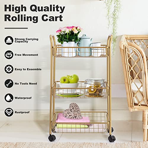 Mnopq 3 Tier Rolling Utility Cart, Storage Trolley Service Cart With Wheels Easy Assembly For Kitchen, Living Room, Office, Salon, Gold #TOP1