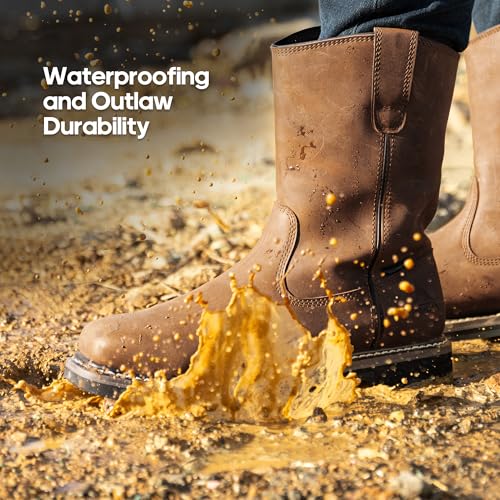 NORTIV 8 Steel Toe Work Boots for Men – Waterproof Pull on Wellington Cowboy Boots for Men with Full-grain Leather for Construction, Farming Bronco Stormrider3