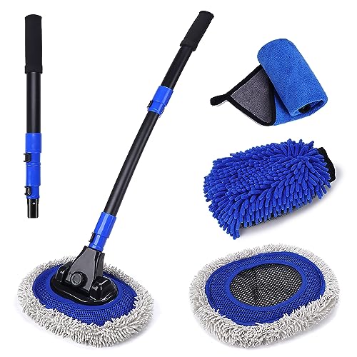 Ultimate Car Wash Brush with Long Handle | 15-Degree Curved Pole Design | Microfiber Brush Head | Adjustable Length | Wide Applications for Car, RV, Truck, Pickup | Car Wash Kit (Blue)