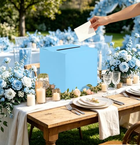Image of SietDESEO Light Blue Card Box for Graduation Large Gift Card Box Holder 9.8 inch x 9.8 inch Money Cards Box Diy Card Box for Wedding Reception Baby Shower Birthday Cards Box Holder
