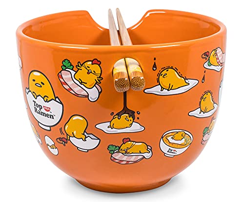 Gudetama Japanese Ceramic Dinnerware Set | Includes 20-Ounce Ramen Bowl And Wooden Chopsticks | Asian Food Dish Set For Home Kitchen | Kawaii Anime Gifts, Official Sanrio Lazy Egg Collectible #TOP2