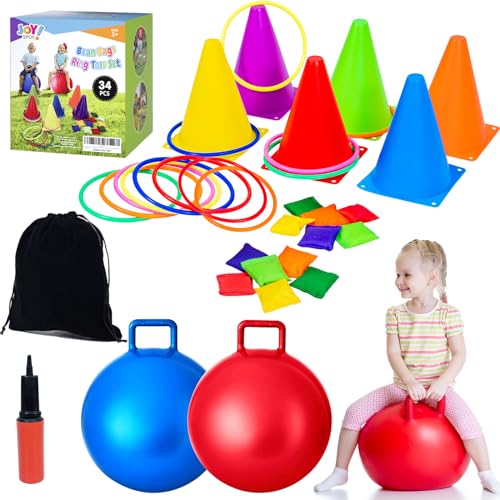 Image of JOY SPOT! 35PCS 4 in 1 Carnival Outdoor Games Combo Set for Kids, Soft Plastic Cones Bean Bags Ring Toss Game, Activity Agility Set with 2 PCS 18" Hopper Balls, Birthday Party Yard Lawn Games