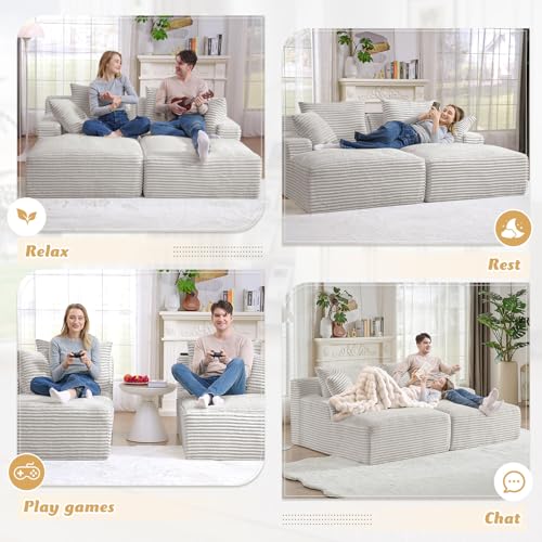 Image of Oversized Chaise Lounge Chair Indoor,78.7 inchW Upholstered Corduroy Cloud Sofa Boneless Couch,Modern Deep Seat Comfy Sofa Chair,Loveseat Sleeper Couch Bed for Livingroom,Bedroom,No Assembly(Light Grey)