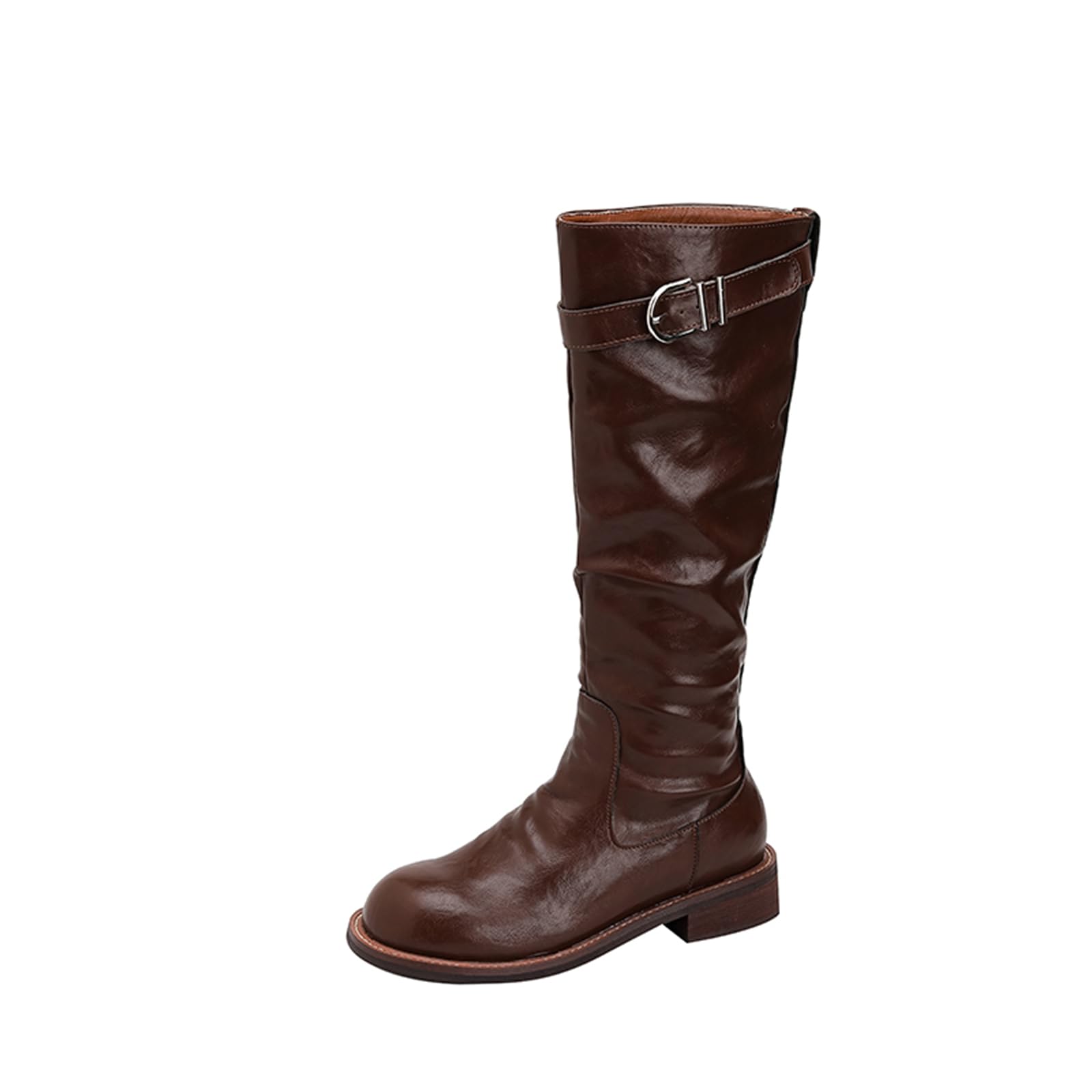 Womens Casual Knee-High Boots Wrinkled Leather Round-Toe Combat Boots Fashionable And Retro Suitable For Cycling Shopping And Matching
