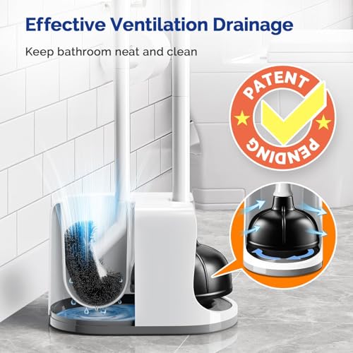 Image of HAMITOR Toilet Plunger and Brush Set for Bathroom Cleaning with Extented Handle - Heavy Duty Toilet Plunger Combo Accessories with Caddy Stand Holder for Small Space - White,2 Sets