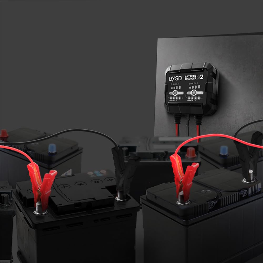 BYGD 4A Autobatterie Ladegerät, 2-Fach KFZ Smart-Batterieladegerät 6V/12V Smart Vollautomatische KFZ Ladegeräte Mit BMS, Gleichzeitiges Laden von Zwei separaten Autobatterien (2A je Bank)
