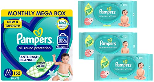 Image of Pampers New Diapers Pants Monthly Box Pack, Medium (152 Count) & Pampers Aloe Vera Baby Wipes - 72 Count (Pack of 3)